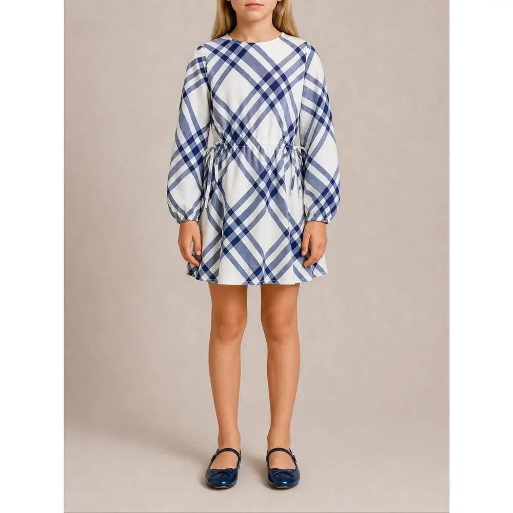 NWT Burberry Girls Blue Plaid Long Sleeve Drawstring Waist Dress 10Y 10